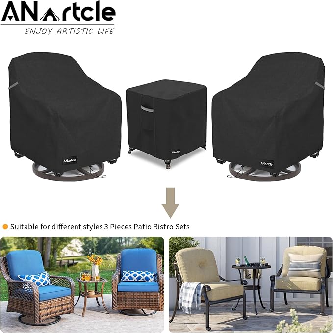 ANartcle 3 Pieces Patio Bistro Sets Cover,600D Waterproof Heavy Duty Patio Furniture Covers,Includes 2 Outdoor Swivel Chair Covers and 1 Patio Wicker Side Table Cover(Black)