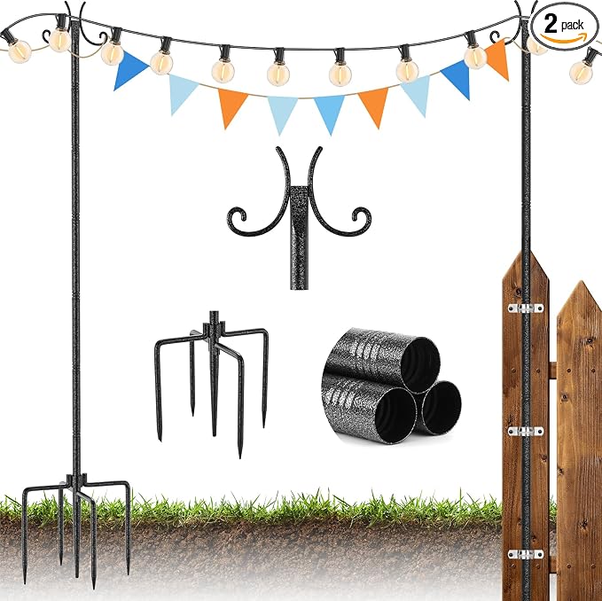 StarryEver 2 Pack Outdoor String Light Poles, 3M/10FT Adjustable Height Metal Lights Hanging Pole with 2 Hooks and Rustproof, for Patio Garden Deck Backyard Lawn Sunshade and Decor