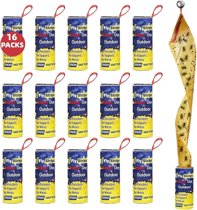 16 Pack Fly Traps Strips Indoor Outdoor, Flies Paper Sticky Hanging with Pins, Fruit Fly Tape Ribbon Roll for Home, Bug & Gnat Catchers for Inside, House Fly Killer for Winged Insect, Mosquito