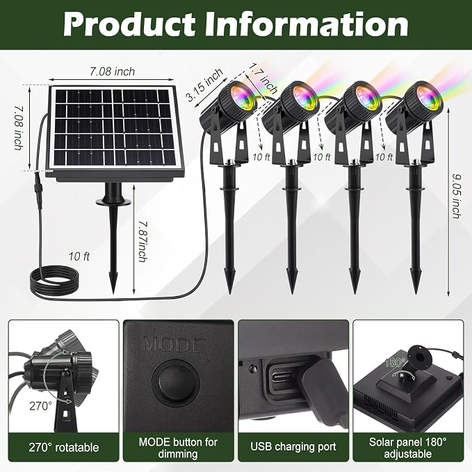 2 Set 4 in 1 RGB Solar Landscape Spot Lights Outdoor with Remote, Waterproof Solar Battery Powered Color Changing Outdoor Spotlights, Auto On/Off, for Garden Yard Path Driveway Walkway