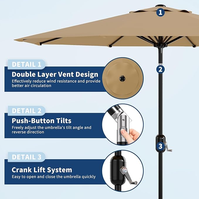 Garvee 10 ft Patio Umbrella - 8 Sturdy Ribs Outdoor Table Umbrella with Crank Lift & Push Button Tilt - Market Umbrella for Pool, Deck, Yard, Garden - Tan
