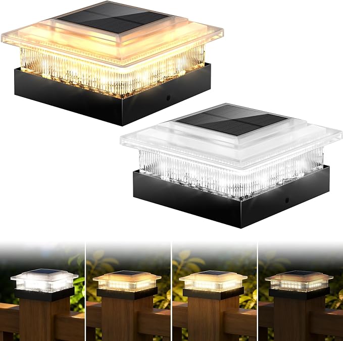 4x4 40 Lumens Post Solar Lights 2 Pack, Fence Post Solar Lights 4 Lighting Modes Solar Post Cap Lights for 4x4 3.5x3.5 Wood/Vinyl Posts, IP67 Waterproof Post Lights for Fence Mailbox Porch Post