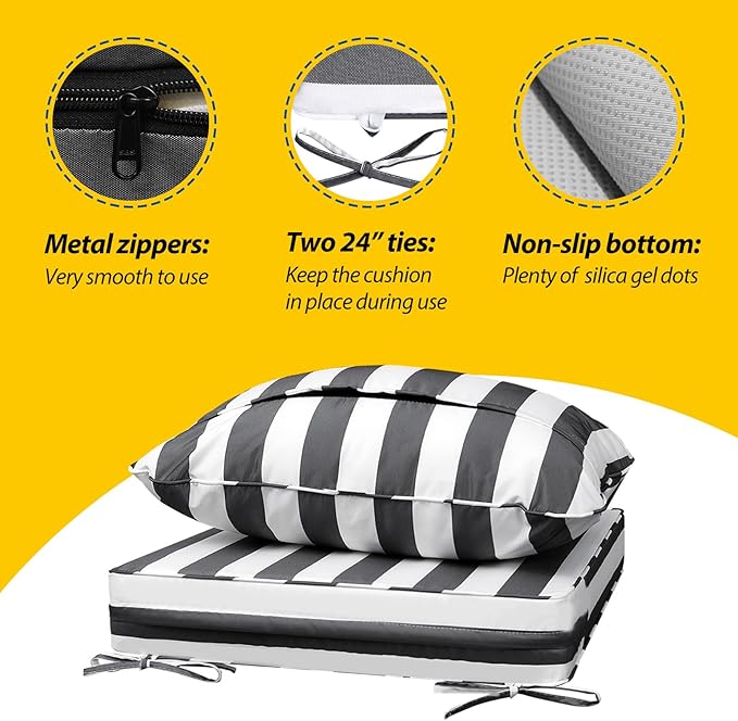 AAAAAcessories Outdoor Seat Cushions for Chairs, Fade-Resistant, Waterproof Patio Furniture Replacement Cushions, 21" x 19" x 3" + 21" x 19", Gray Cabana Stripe