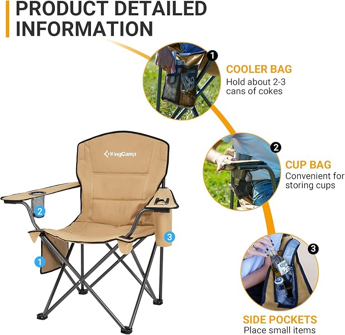 KingCamp Heavy Duty Oversized Comfy Folding Outdoor Portable Lawn Adults Bag Chair with Cooler for Outside Camp, Sports, Picnic, Stadium…
