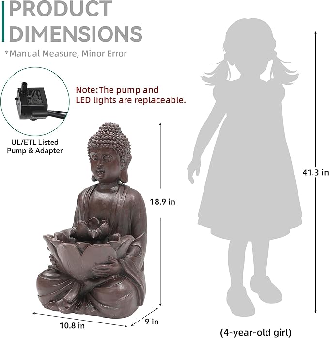 AUTODAYA 18.9" H Buddha Outdoor Water Fountain, Zen Style Garden Fountain with LED Lights and Pump, Relaxing Waterfall for Patio, Porch, or Yard Decor, Faux Bronze