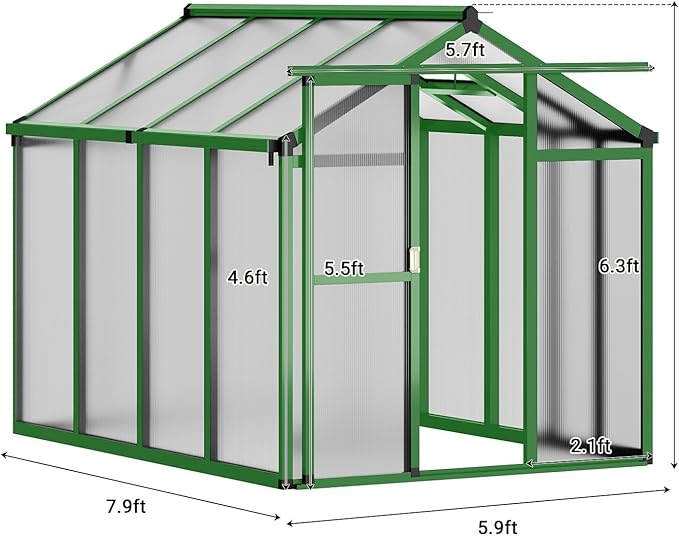 GarveeHome 6X8 FT Greenhouse for Outdoors, Walk-in Greenhouse Kit with Aluminum Frame, Polycarbonate Panels, Adjustable Roof Vent, Sliding Door, Secure Lock for Outside Garden, Patio, Backyard