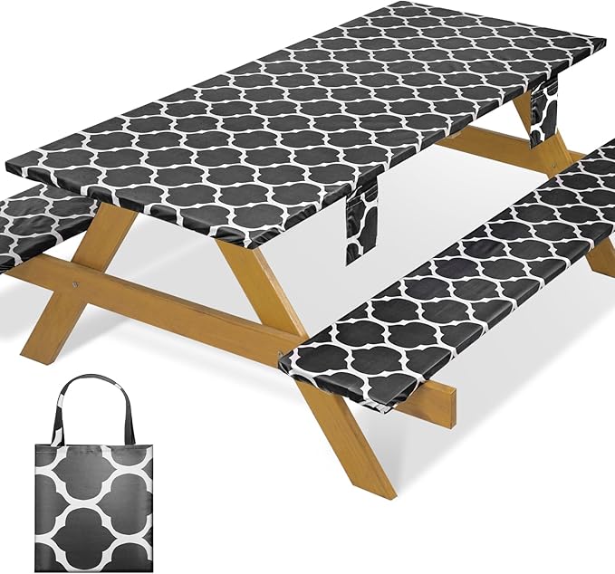 Fitted Picnic Table Cover with Chair Covers Elastic Water Resistant Camping Tablecloth for 6 Foot Rectangle Tables Garden Patio Outdoor Organization Road Trip Hiking Motorhome Essential Gift