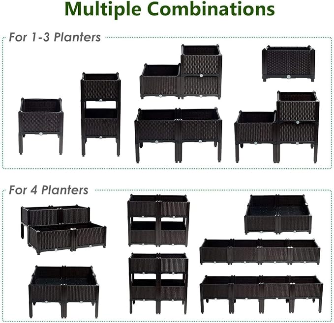 LDAILY LUARANE Raised Garden Bed Kit, Outdoor Plastic Planter Box Set of 4, Elevated Garden Beds with Brackets, Suitable for Garden Patio Balcony Dining Room