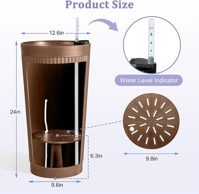 24in Tall Self-Watering Planters Set of 2, Brown | Water level indicator, Self-watering irrigation system, Non-toxic PP plastic, Weather Resistant, Indoor Outdoor Use
