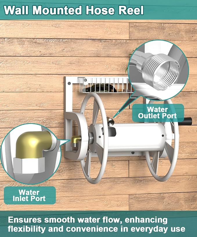 Artigarden Garden Wall Mounted Hose Reel, Outdoor Heavy-Duty Water Hose Holder Winder, Holds 125 Feet of 5/8-Inch Hose, with 3.9 ft Leader Hose, Brass Fitting and Storage Basket for Yard, White