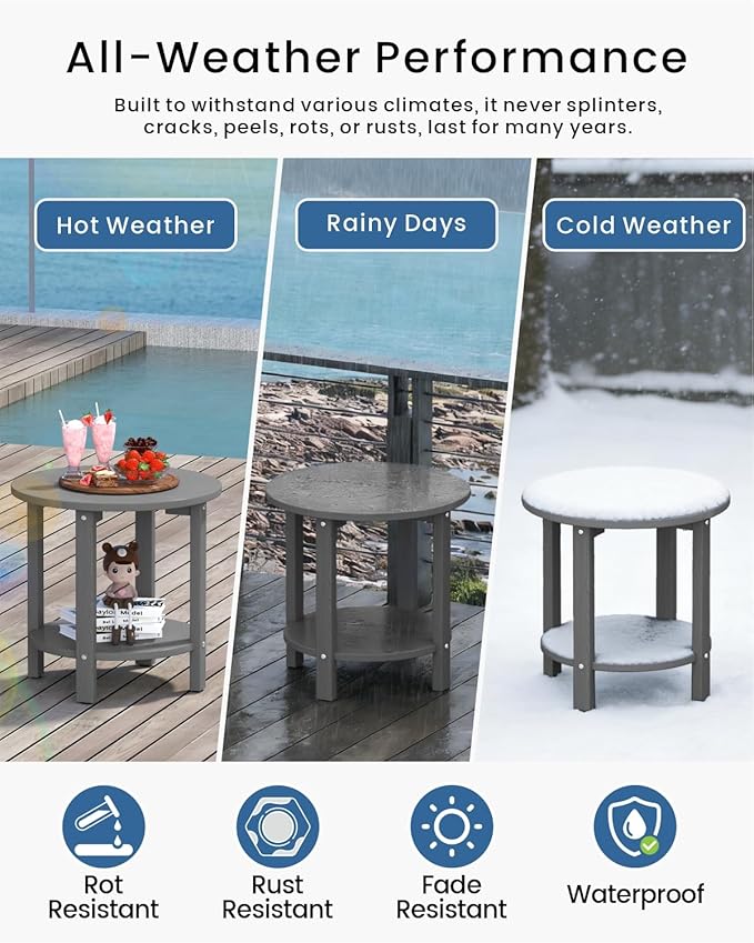 HDPE Outdoor Side Table for Patio, 18.1-Inch Weatherproof Small Outdoor Table for Adirondack, 2-Tier Round End Table for Garden Backyard Porch Deck Balcony Poolside (Grey)