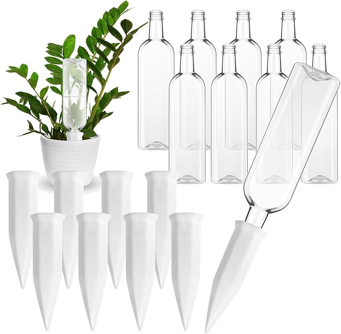 Ziliny 16 Pcs White Terracotta Watering Spikes with 25 oz Plastic Bottles Set, Plant Watering Devices Vacation Plant Waterer Self Watering Planter Devices Slow Release Planter for Indoor Outdoor