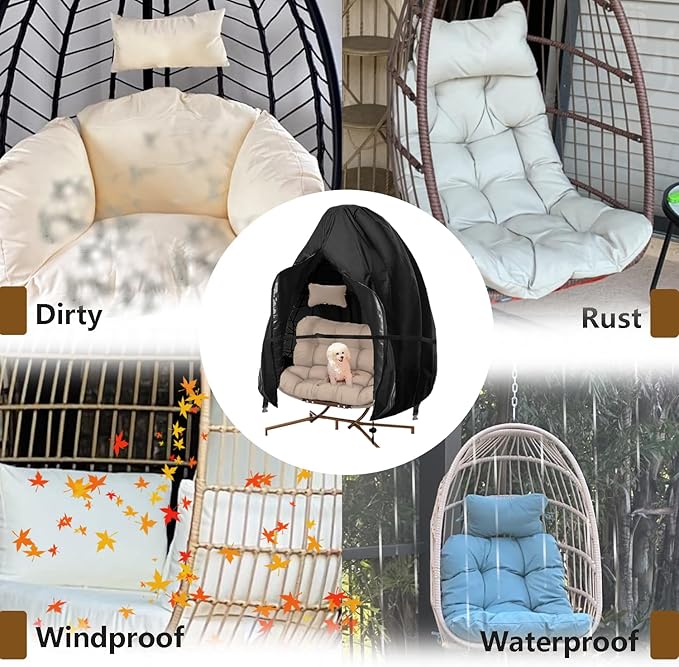 FLYMEI Egg Chair Cover Waterproof Double Egg Chair Covers for Outdoor Furniture 420D Patio Hanging Swing Chair Cover 91x80 inches, Black