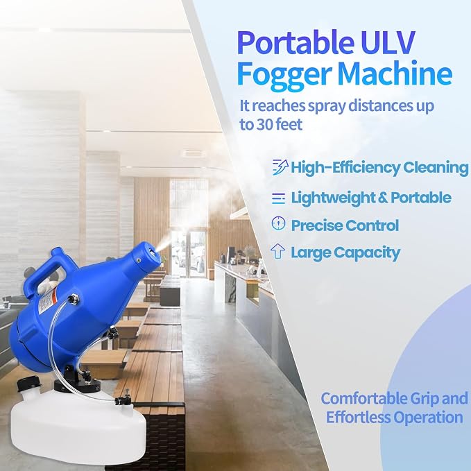 4.5L Portable ULV Fogger Machine with Adjustable Spray & 30ft Range, Handheld Cold Mist Disinfectant Sprayer, Lightweight Design for Hotels, Schools, Yards HESM-01
