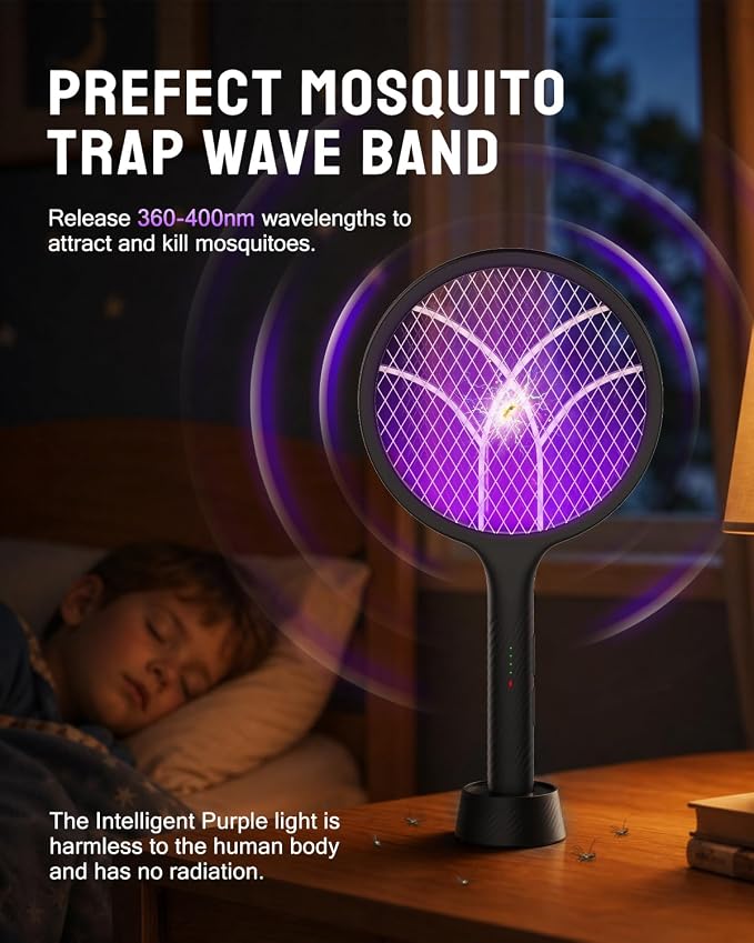 Mosiller Electric Fly Swatter Racket, 4000V Bug Zapper with 1800mah & Dual Modes, 2 in 1 Rechargeable Purple Mosquito Light Killer with 3-Layer Safety Mesh for Indoor Home Patio Camping Office(1 Pack)