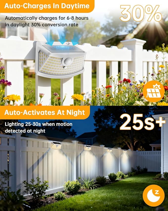Aootek New Solar Motion Sensor Lights 120 LEDs with Lights Reflector,270° Wide Angle, IP65 Waterproof, Step Lights for Front Door, Yard, Garage, Deck (White, Warm White, 2-Pack)