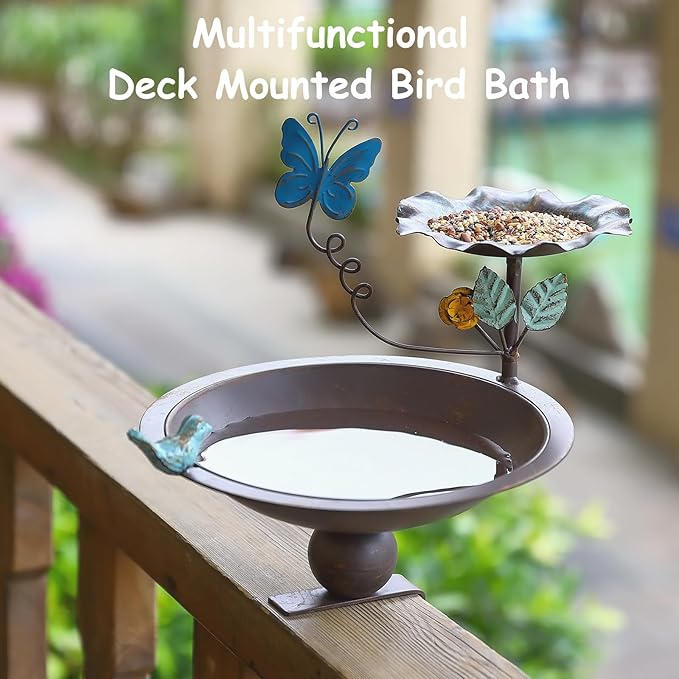 Bird Bath and Feeder for Deck Railing, 2 in 1 Deck Mounted Balcony Birdbath with Vivid Butterfly Decor, Metal Bird Bath for Outdoors Porch Patio Garden