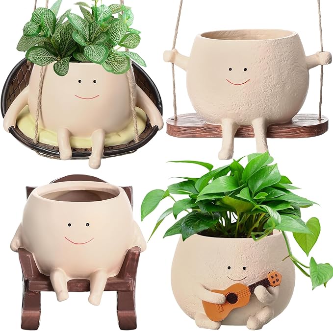 4 Pack Smile Face Planter Pot Small Hanging Swinging Planter Cute Holder for Indoor Outdoor Plants Funny Swing Gifts for Mother's Day Birthday Christmas