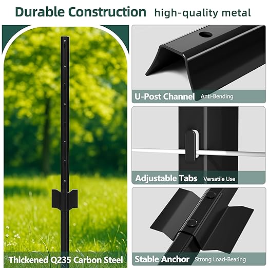 Metal Fence Post 5feet, Heavy Duty Garden Fence Post for Holding Wire Fence, Sign U Post Pack of 15 Sturdy Outdoor No Dig Fence Post for Garden Yard – Black
