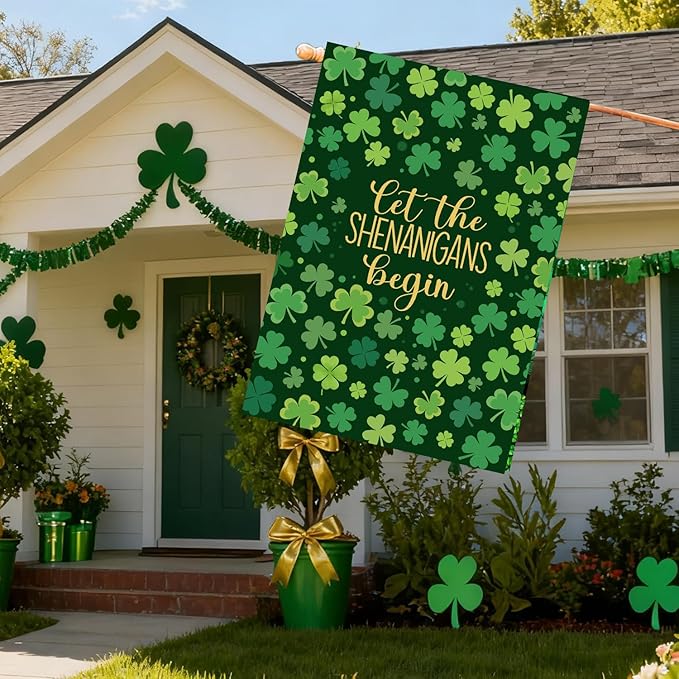 St Patricks Day House Flags 28 x 40 Double Sided for Outside Shamrock Clover Let the Shenanigans Begin Garden Decor Saint Patrick Spring Yard Signs