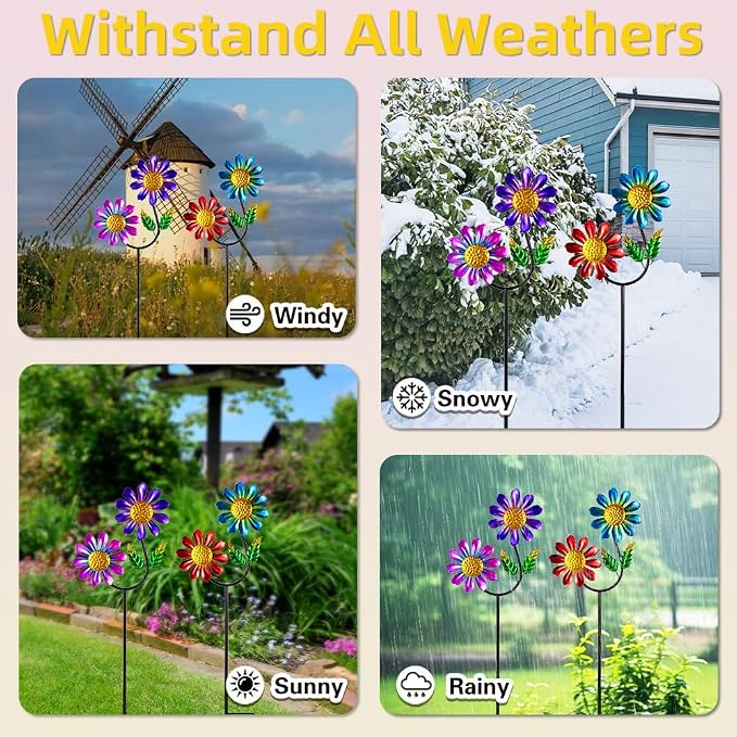Viveta 2 Pack Flower Wind Spinners, Metal Wind Sculptures,Garden Pinwheels, Colorful Metal Windmill for Yard Lawn Patio Decor