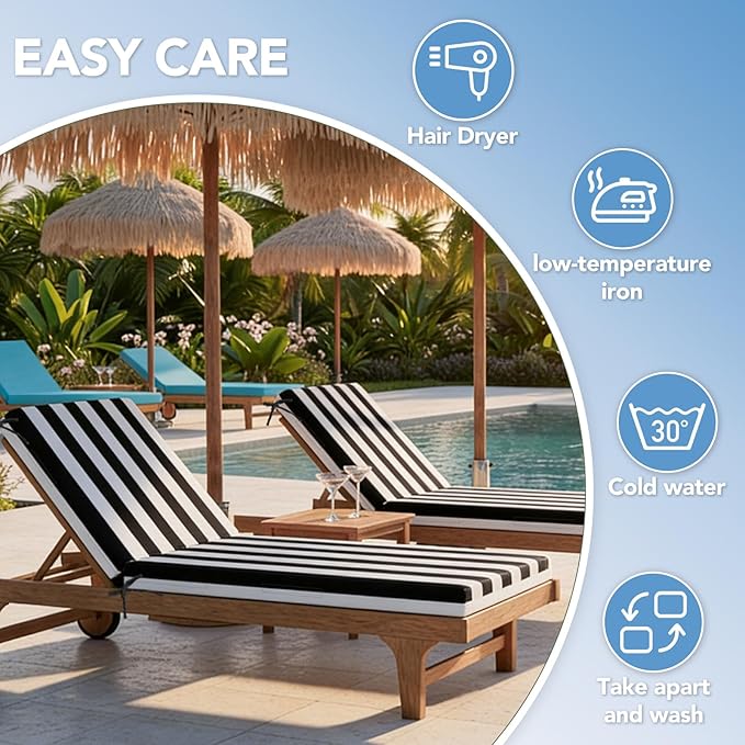 L'AGRATY Outdoor Lounge Chaise Cushion: 72x21x3 Inch Waterproof Lounge Chair Cushion for Outdoor Furniture with Fade Resistant Removable Cover - Patio Cushions for Pool Lawn Deck(Black White 1Pack)