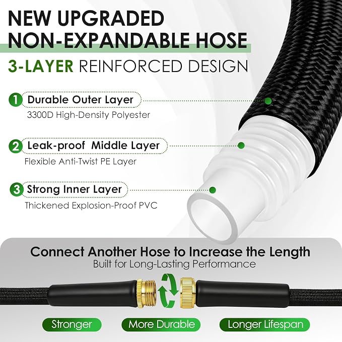 25FT Garden Hose Non-Expanding Flexible Water Hose With Sprayer Nozzle Lightweight Portable High Pressure Kink Resistant & Leakproof Durable Black Pipe For Garden Yard Lawn