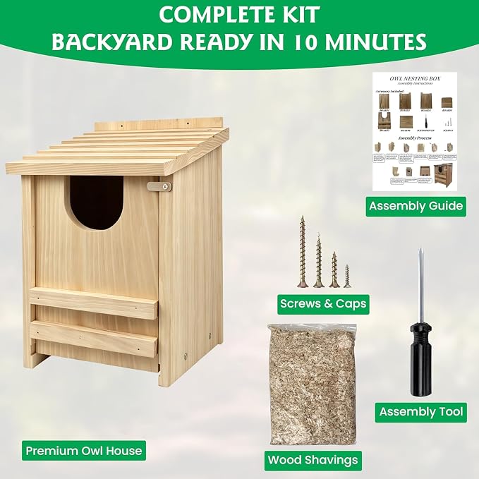 Pine Wood Owl Nesting Box with Shavings for Screech Owls & American Kestrels, 14" x 9" x 9" Outdoor Owl House, Weatherproof, Durable & Easy to Install, Natural Wood Color