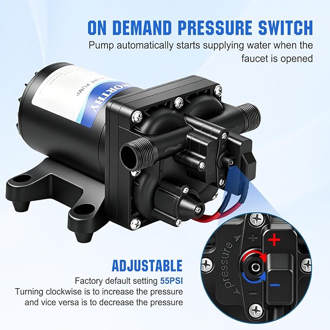 ECO-WORTHY 12V RV Water Pump, 3.5 GPM, 55 PSI, Self Priming Water Pump with Pressure Switch, 4-Chamber Fresh Water Pump for Boat Marine Camper Truck Shower Sprayer
