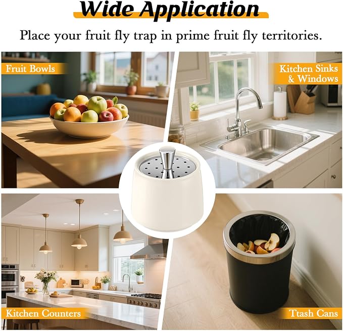 Ceramic Fruit Fly Trap for Indoors, Reusable Kitchen Fly Catcher with Stainless Steel Vent Lid, Uses Safe & Natural Vinegar Bait Trap, Dishwasher Safe, Easy to Use (White,3 Pack)