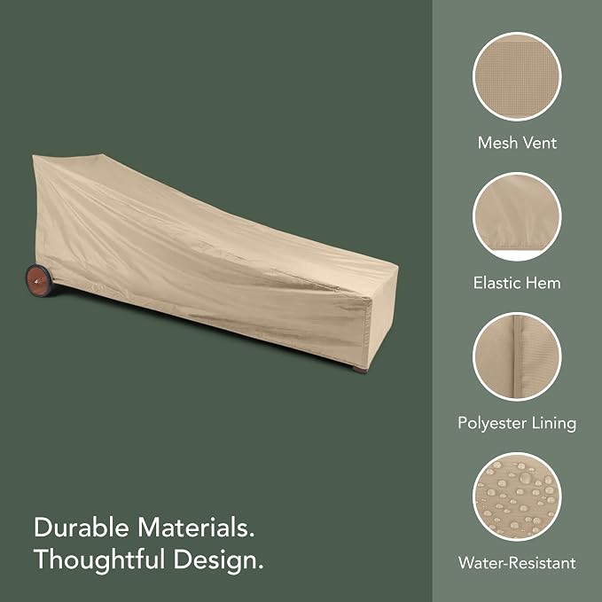 Covermates Classic Chaise Lounge Cover – Weather-Resistant Vinyl Outdoor Furniture Cover with Mesh Vent, Elastic Hem, UV Protection, Lightweight Patio Chair Cover, 30W x 82D x 38H, Classic Tan