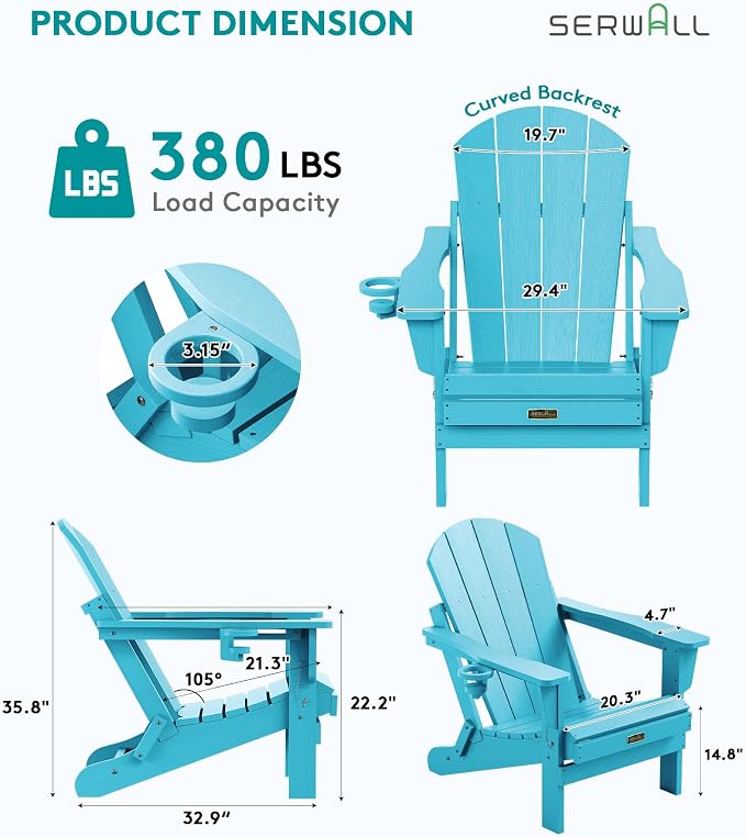 SERWALL Folding Adirondack Chair with Cup Holder Outdoor Adirondack Chairs Weather Resistant Patio Chair Fire Pit Chairs - Light Blue