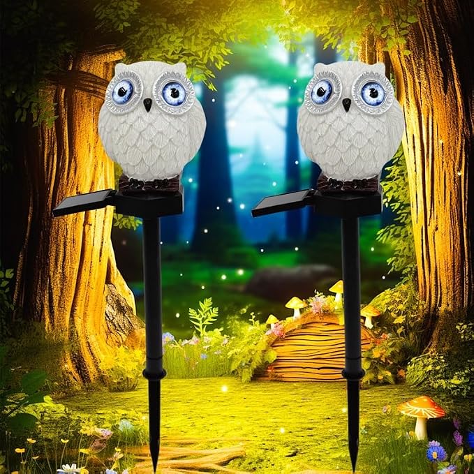Solar Powered White Blue Eyed owl Lights, Garden Decorative Resin Cute Animal Ground lamp, Wireless Dusk to Dawn LED Warm Lights Waterproof.
