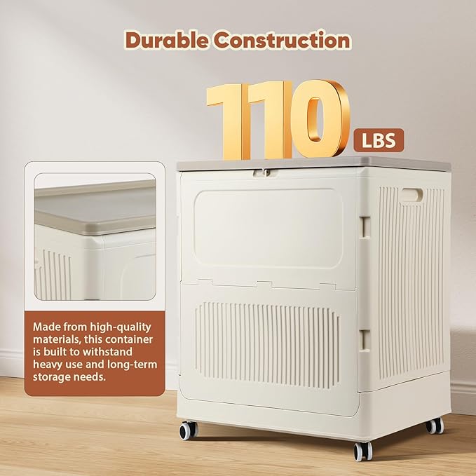 FAHKNS 123L Collapsible Storage Bin with Lid, Folding Storage Container and Install-Free Closet Organizer with Wheels for Laundry Room, Garden and Home