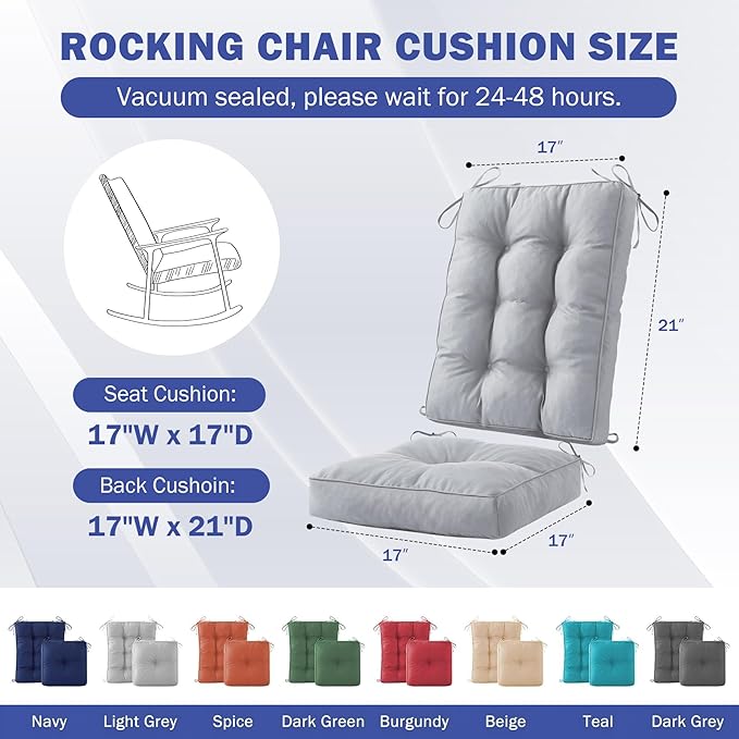 IPYNBAP Rocking Chair Cushion, Waterproof and Fade-Resistant Patio Chair Cushions, Tufted Chair Pads for Rocker Furniture, 17x17 Inch, Indoor/Outdoor Seat Cushions with Ties, Light Grey