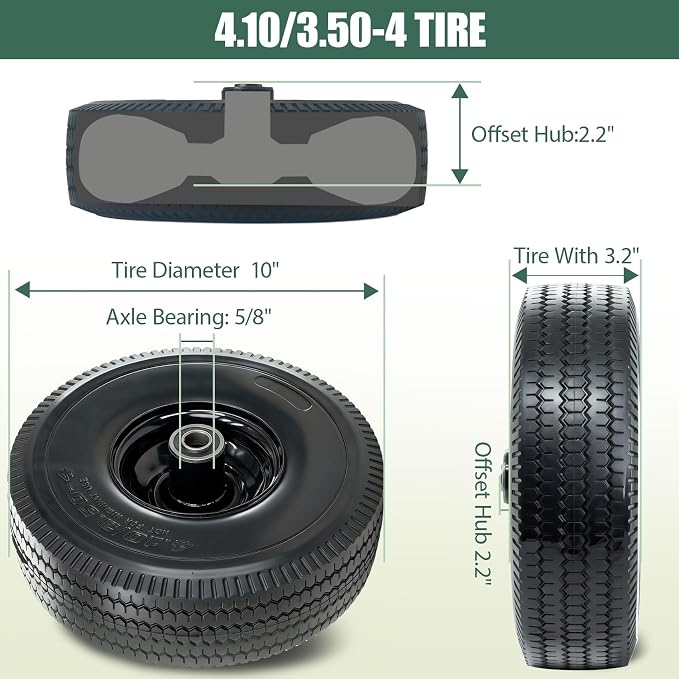 4.10/3.50-4 Tire and Wheel, 10" Solid Tires with 5/8” Bearing, Extra 3/4”&1/2” Bearings, 2.2” Offset Hub, Flat Free 4.10/3.50-4'' Wheels for Dollies, Hand Trucks, Tractors (2 Pack) (Black)