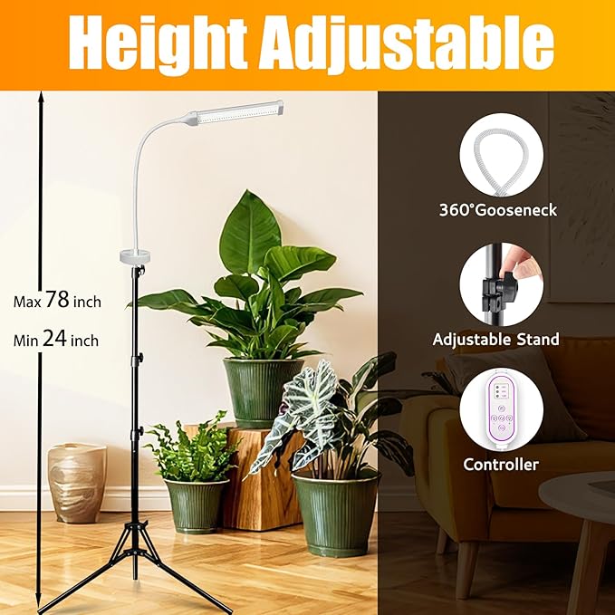 105 LED Grow Lights for Indoor Plants Full Spectrum, LED Plant Light with Stand, Adjustable Height, Plant Grow Lights with Auto 4/8/12/H Timer for Indoor Tall Plants(105 LEDs)