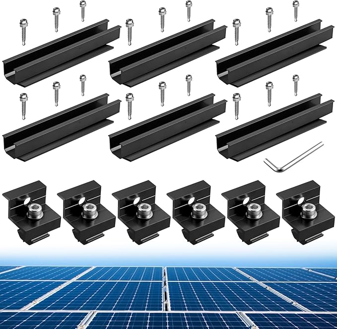 Anbte Solar Panel Bracket Kit, 6 Pcs 7.87 in Aluminium Solar Panel Mounting Rail 30mm/35mm Solar Panel End Clamps, Solar Panel Brackets for Metal Roof, Tin Roof, Flat Roof, Sheet Roof, Black