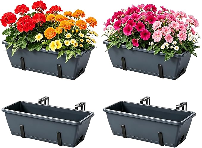 OYEAL Deck Railing Planter Box 4 Pack Window Boxes Planters with Adjustable Brackets, 17 Inch Hanging Flower Pots for Plants for Front Porch, Garden Fence, Apartment Patio Balcony Decor, Grey