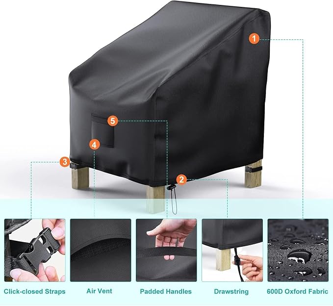 Patio Chair Covers for Outdoor Furniture Waterproof 2 Pack, Lawn Chair Covers 600D Heavy Duty Oxford Cloth, Large Covers for Lounge Lawn Deep Seat Black 40" W x 40" D x 36" H