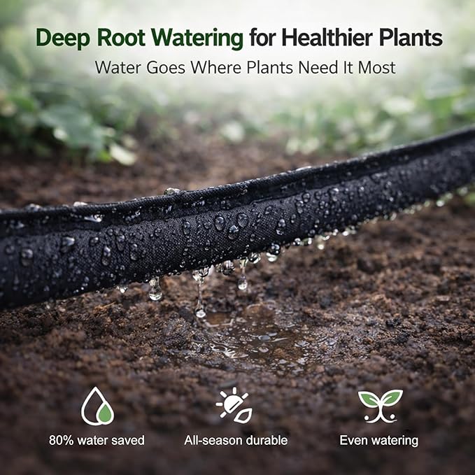 Flat Soaker Hose 50 ft 2-Pack with Splitter, 80% Water-Saving Drip Irrigation Hose 100 ft, Linkable DIY Garden Soaker Hose System for Garden Beds, Lawn, Vegetables & Trees (50ft 2-pack)
