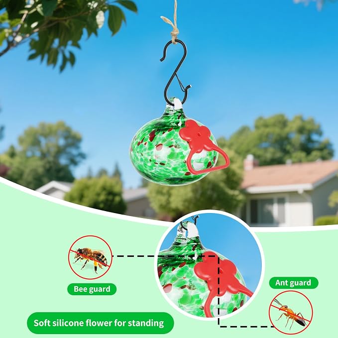 Pozfun Small Hummingbird Feeders for Outdoors Hanging,Hand-Blown Glass Hummingbird Feeder with Silicone Feeding Perch,Never Leak,Gardening Gifts for Woman Man(Green)