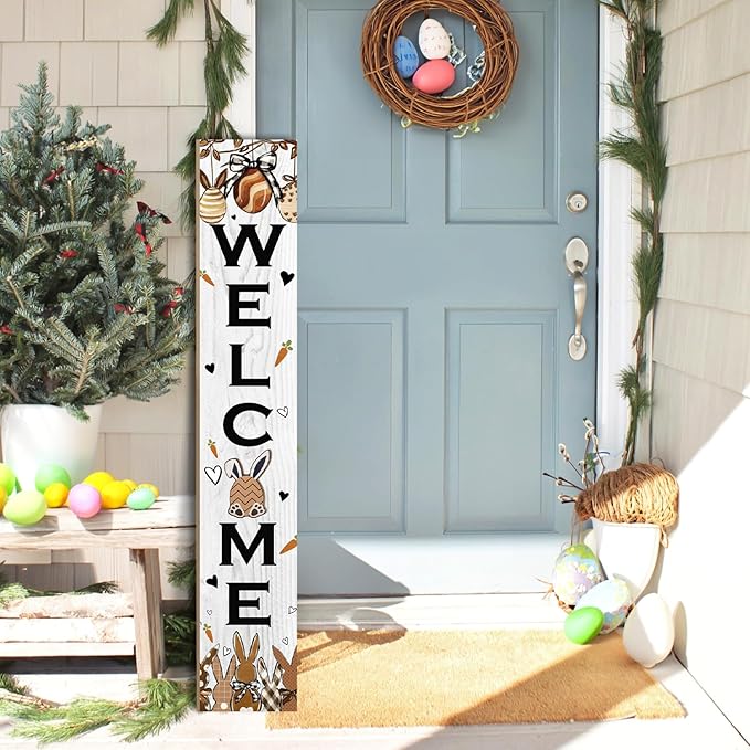 Easter Welcome Sign for Front Door, 47'' Tall Happy Easter Bunny Wooden Porch Sign for Patio, Rabbit Eggs Standing Vertical Door Signs Spring Rustic Yard Signs Seasonal Outdoor Signs for Garden