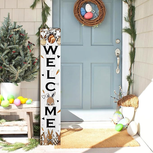Easter Welcome Sign for Front Door, 47'' Tall Happy Easter Bunny Wooden Porch Sign for Patio, Rabbit Eggs Standing Vertical Door Signs Spring Rustic Yard Signs Seasonal Outdoor Signs for Garden