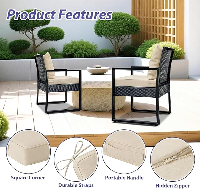 COZEER Patio Chair Cushions 24x24 Inch, Waterproof Fade Resistant Outdoor Cushions for Patio Furniture, Edge Binding Design with Handle, Adjustable Straps & Hook and Loop Fastener(White)