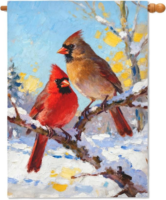 Winter Cardinal House Flag 28x40 Inch Snow Scene Bird Twigs Christmas Holiday Decorative Garden Flags for Outside Double Sided Seasonal Outdoor Home Farmhouse Decoration Yard Porch January Decor
