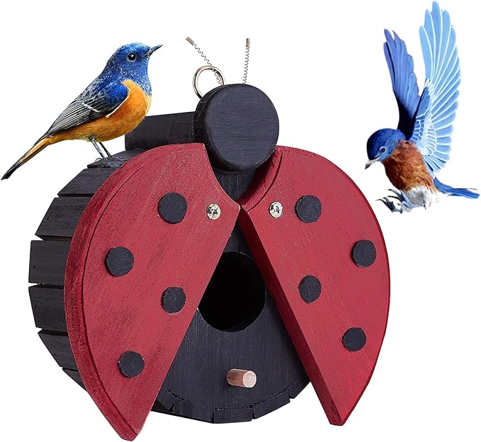 NATUREYLWL Bird Houses for Outside - Wooden Hanging Bird House - Ladybug-Shaped Birdhouse for Finches, Wrens, Cardinals - Outdoors Bluebird Nesting Box - Cute Garden Decor for Wild Birds