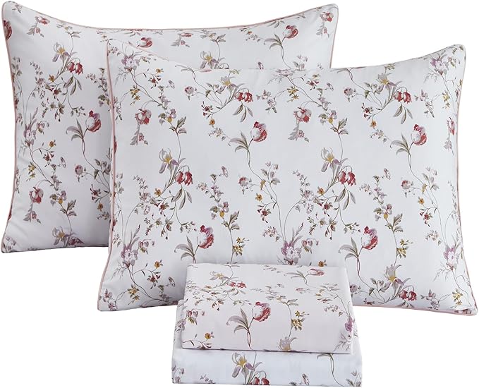 FADFAY Sheets Set Twin Rustic Pink Floral Botanical Bedding Set Luxury 100% Egyptian Cotton Bed Sheet Set Soft Breathable for All Season Bedoom Decor with 17.7 Deep Pocket Fitted Sheet, Twin Size