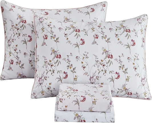 FADFAY Sheets Set Twin Rustic Pink Floral Botanical Bedding Set Luxury 100% Egyptian Cotton Bed Sheet Set Soft Breathable for All Season Bedoom Decor with 17.7 Deep Pocket Fitted Sheet, Twin Size