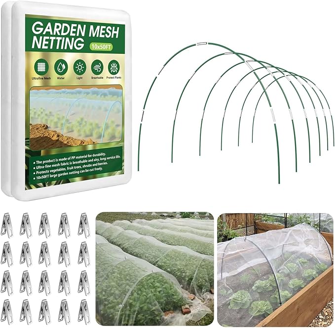 Garden Netting Kit for Raised Beds, 10x50FT Ultra Fine Mesh Netting＆ 6 Sets of 8FT Fiberglass Garden Hoops, Row Cover Insect Netting for Vegetable Plant Fruit Flowers Protection